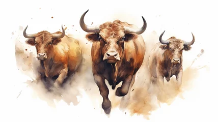 Foto op Plexiglas watercolor drawing of a group of bulls running on a white background. © kichigin19