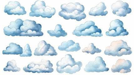 Obraz premium a set of watercolor painted clouds on a white background isolated.