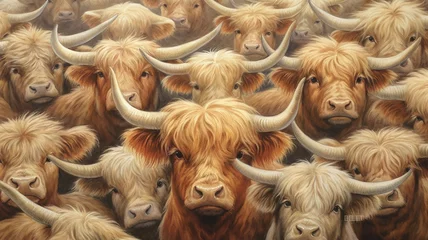 Foto op Canvas northern shaggy cows bulls texture background herd group of farm animals. © kichigin19