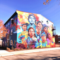 The energy and unity of a diverse neighborhood with a mural that portrays people from various backgrounds coming together
