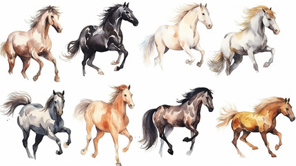 Obraz premium Collection of running horses on a white background watercolor drawing.