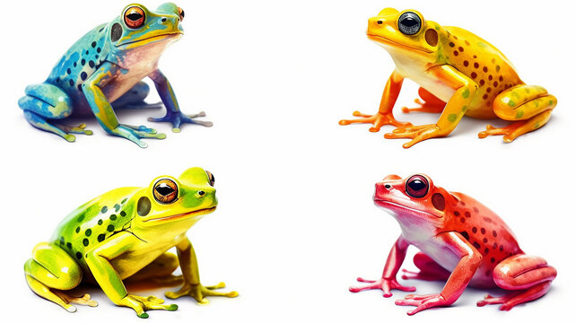 a set of colorful frogs on a white background.