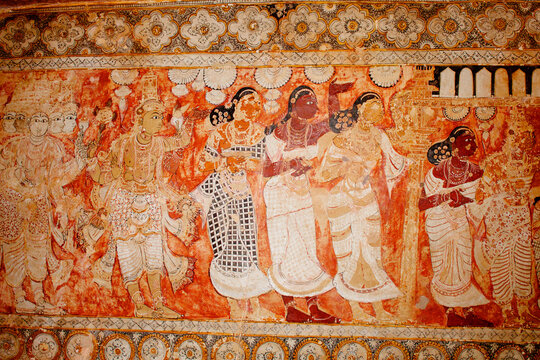Mural painting , Shiva Parvathi's marriage. Vishnu with four hands. Shiva with five heads with a third eye. Lepakshi , Andhra Pradesh, India