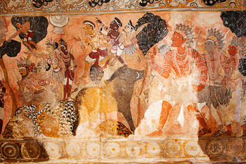 Mural painting.  Kiratarjuniya,  Boar hunting Scene , Lepakshi Anantapur District, Andhra Pradesh, India © RealityImages