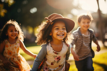 children of diverse backgrounds playing joyfully together in a colorful park, celebrating unity and embracing differences,banner - obrazy, fototapety, plakaty