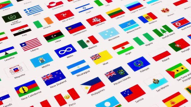 An illustration chart or poster in a diagonal position revealing different kinds of colorful national flags zoomed out.