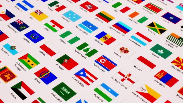 An illustration chart or poster in a diagonal position revealing different kinds of colorful national flags zoomed out.
