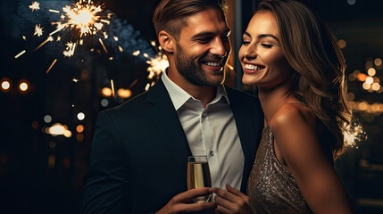 Couple well dressed with champagne glass. On background, people partying and new year
