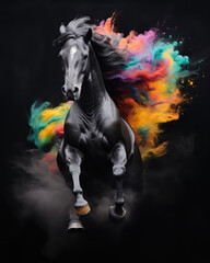 Jumping black Friesian horse in bright Holi colors