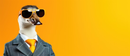 Animal duck portraits, Cool business animal in sunglasses and suit. With copy text space, wide screen. Simple background, Generative AI - obrazy, fototapety, plakaty