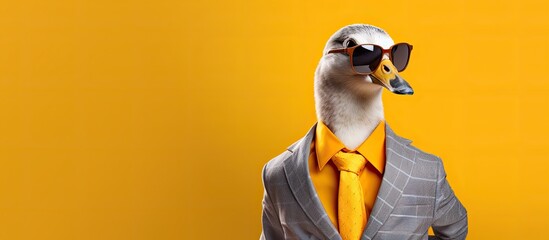 Animal duck portraits, Cool business animal in sunglasses and suit. With copy text space, wide screen. Simple background, Generative AI