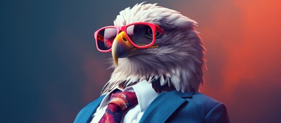 Animal eagle portraits, Cool business animal in sunglasses and suit. With copy text space, wide screen. Simple background, Generative AI