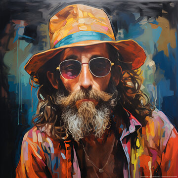Entspannter Mann Gem&auml;lde Hippi Bunt Brille Bart Hut Relaxed Man Painting Hippi Colorful Glasses Beard Hat