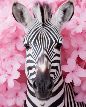 Close-up portrait of a wild zebra in cherry blossoms