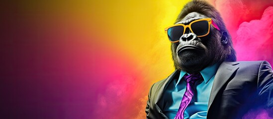 Animal gorilla portraits, Cool business animal in sunglasses and suit. With copy text space, wide screen. Simple background, Generative AI