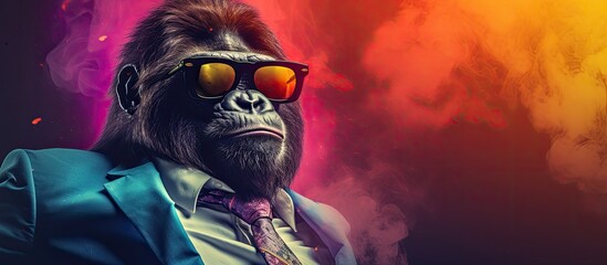 Animal gorilla portraits, Cool business animal in sunglasses and suit. With copy text space, wide screen. Simple background, Generative AI - obrazy, fototapety, plakaty