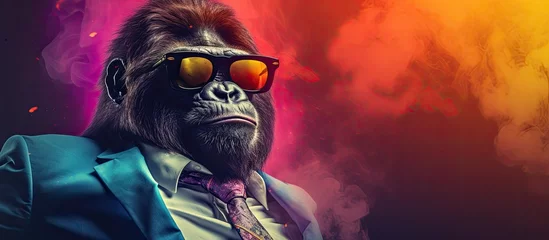 Fotobehang Animal gorilla portraits, Cool business animal in sunglasses and suit. With copy text space, wide screen. Simple background, Generative AI © dm