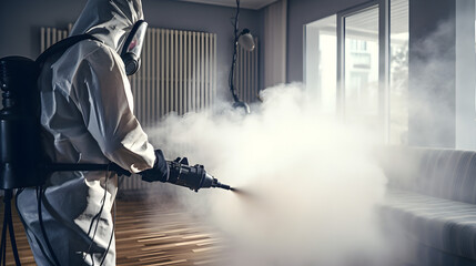 un homme en combinaison de protection vaporise l'intérieur d'un appartement avec de la vapeur pour lutter contre les punaises de lit - obrazy, fototapety, plakaty