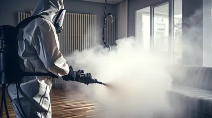 Fotobehang un homme en combinaison de protection vaporise l'intérieur d'un appartement avec de la vapeur pour lutter contre les punaises de lit © Fox_Dsign
