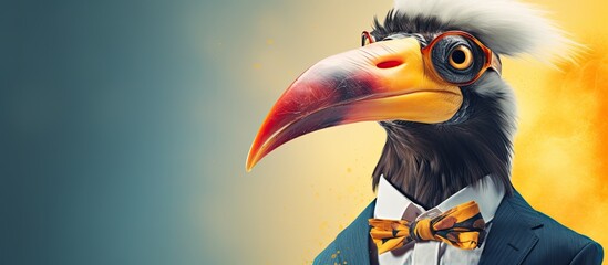 Animal hornbill portraits, Cool business animal in sunglasses and suit. With copy text space, wide screen. Simple background, Generative AI