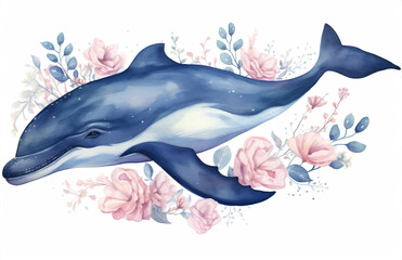 Obraz na płótnie Canvas Ocean sea nature whale watercolor illustration water mammal animal blue