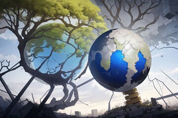a tree growing from the center of a fractured globe, symbolizing the hope for unity and growth amidst division between Israel and Palestine abstract War illustration