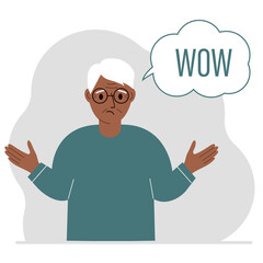 The old man spreads his arms out to the side. Next to the bubble with the text of the Second World War.