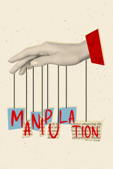 Vertical creative composite photo collage of big palm manipulating people by posting fake...