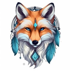 Naklejka premium A fox with a dream catcher elements. Digital art. Tribal-inspired design.