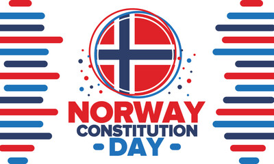 Norway Constitution Day. Happy holiday, celebrated annual in May 17. Norwegian flag. Norway independence and freedom. Patriotic poster. Festive and parade design. Vector illustration