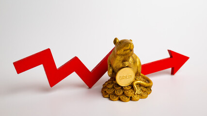 A figurine of a mouse with a gold coin and chart. Concept of unstable currency exchange rates and precious metals price