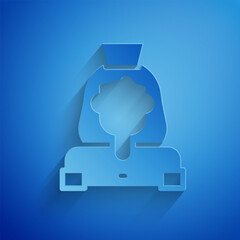 Obraz premium Paper cut Cleaning lady service icon isolated on blue background. Paper art style. Vector