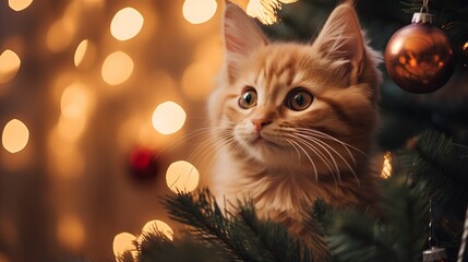 Home cat looking to Christmas tree bauble ornaments adorned with twinkling lights. Warm, cosy, and comfortable vibe, capturing the essence of a peaceful holiday season spent indoors. - obrazy, fototapety, plakaty