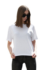 Girl or woman wearing white blank t-shirt with space for your logo, mock up or design
