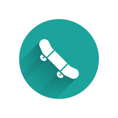 White Skateboard trick icon isolated with long shadow. Extreme sport. Sport equipment. Green circle button. Vector
