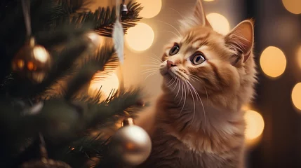 Tuinposter Home cat looking to Christmas tree bauble ornaments adorned with twinkling lights. Warm, cosy, and comfortable vibe, capturing the essence of a peaceful holiday season spent indoors. © TensorSpark