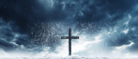 Cross with snowfall in the sky