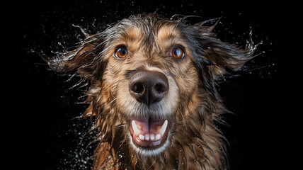 dog shakes off water studio photo black background, happiness joy.