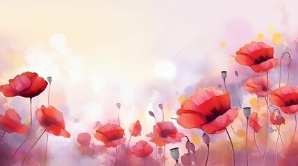 Obraz premium red poppies watercolor delicate drawing of wild flowers in a field on a white background.