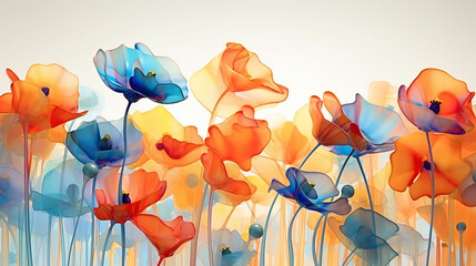 multicolored watercolor gradient rainbow flowers on a white background peonies poppies summer painting.
