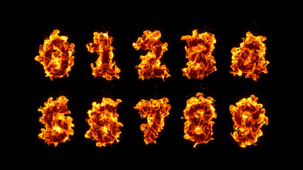3d rendering of burning numbers set isolated on black background
