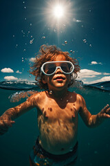 Fototapeta premium A child in sunglasses swims in the sea. Generative AI.