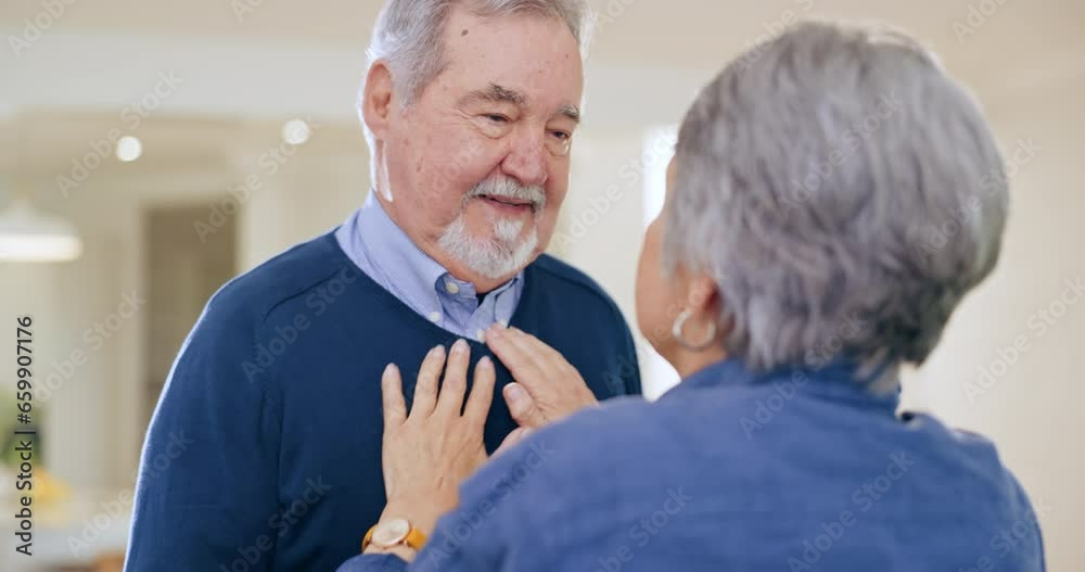 Wall mural mature, man and woman with kiss, together or bond with hands on face for grooming in home. elderly c