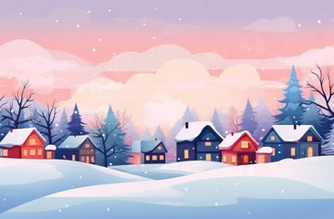 Fototapeta na wymiar Cozy Winter Village Illustrations