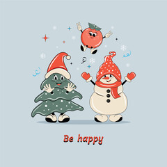 A bright Christmas illustration in the style of a groovy, retro. Funny snowman, Christmas tree and cheerful tangerine