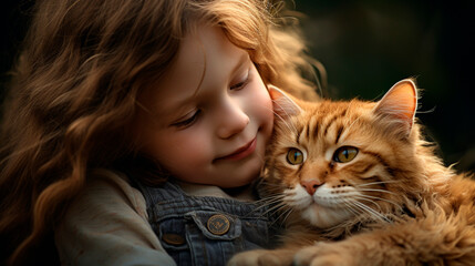 child with cat friendship and love. Generative AI.