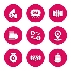 Set Oil exchange, water transfer, convert, Industry metallic pipes and valve, Propane gas tank, Refill petrol fuel location, industrial factory building, and drop with dollar symbol icon. Vector