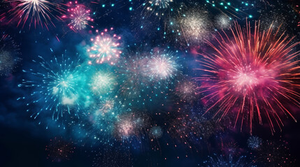 Colorful vibrant fireworks on a dark sky background. New Year's Eve concept