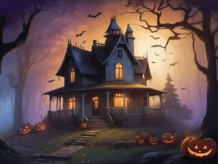 An old house in the forest in mystical light and with Halloween pumpkins in the garden