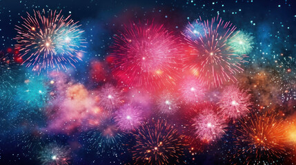 Colorful vibrant fireworks on a dark sky background. New Year's Eve concept